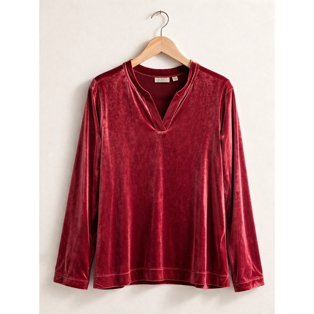 LOGO Lori Goldstein Womens XXS Velvet Split V-Neck‎ Long Sleeve Tunic Top Red